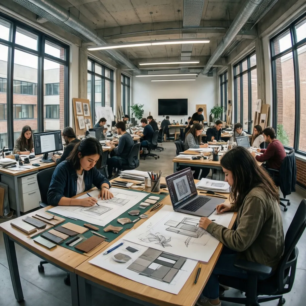 Estudio universitario donde estudiantes desarrollan proyectos de diseño interior