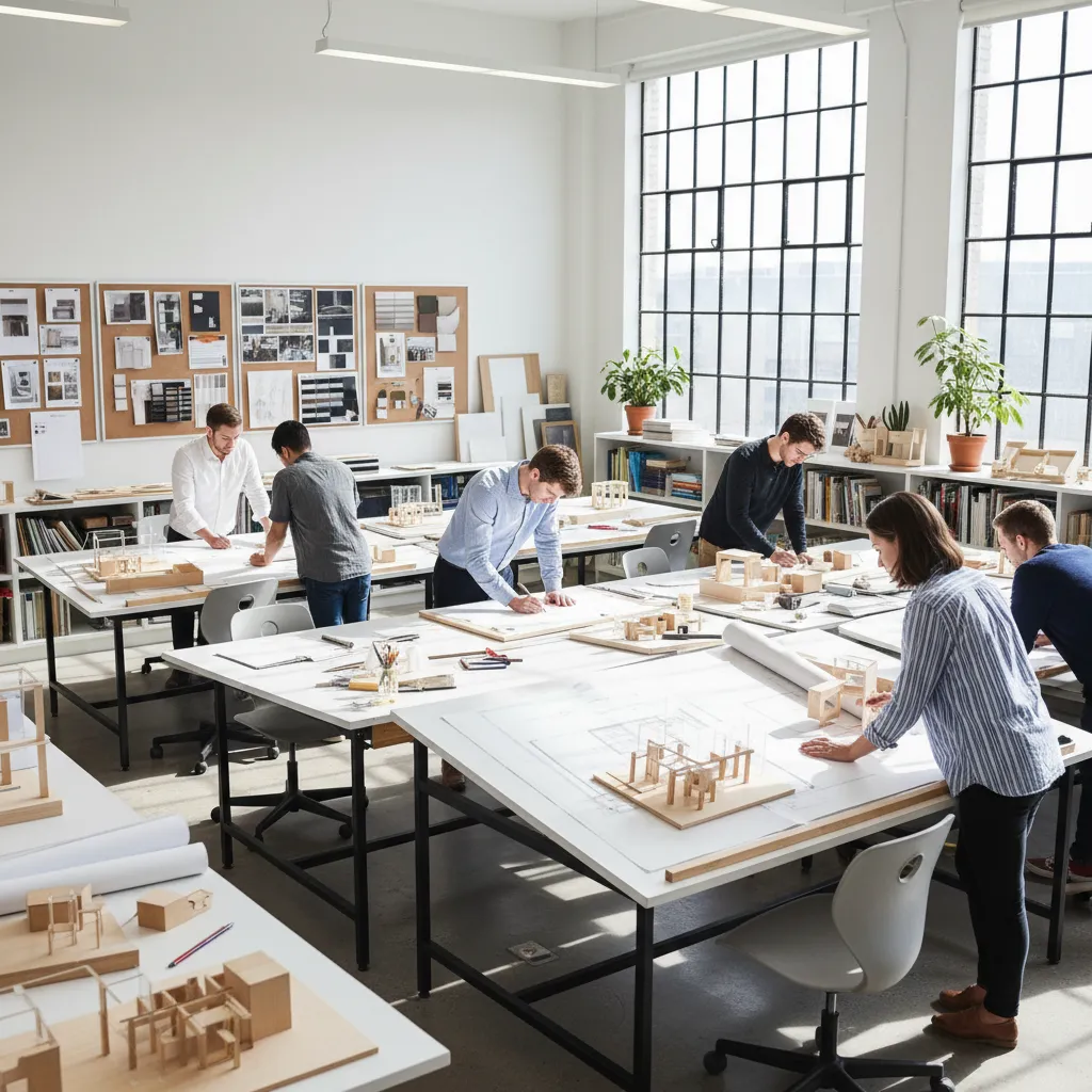 interior design students working on room layout drawings and small models in a bright studio