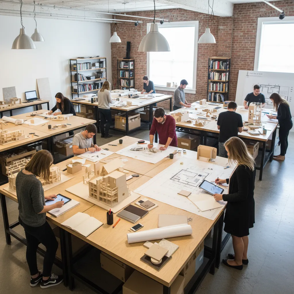 estudiantes trabajando en maquetas y planos en una escuela de diseño de interiores
