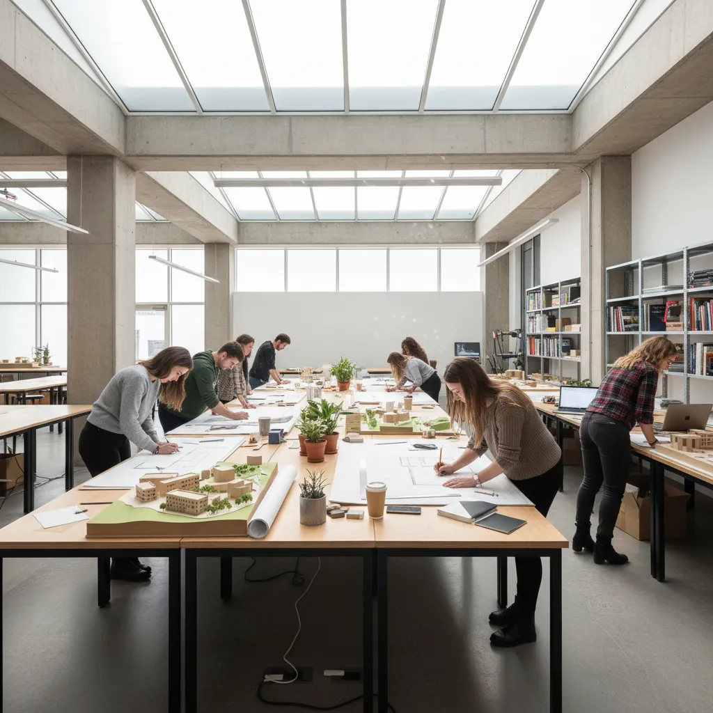 Students working in a bright design studio drawing floor plans at large wooden work tables