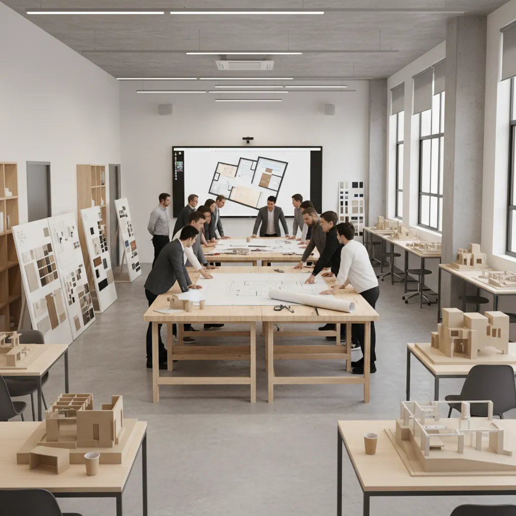 Aula universitaria de diseño de interiores con estudiantes revisando planos