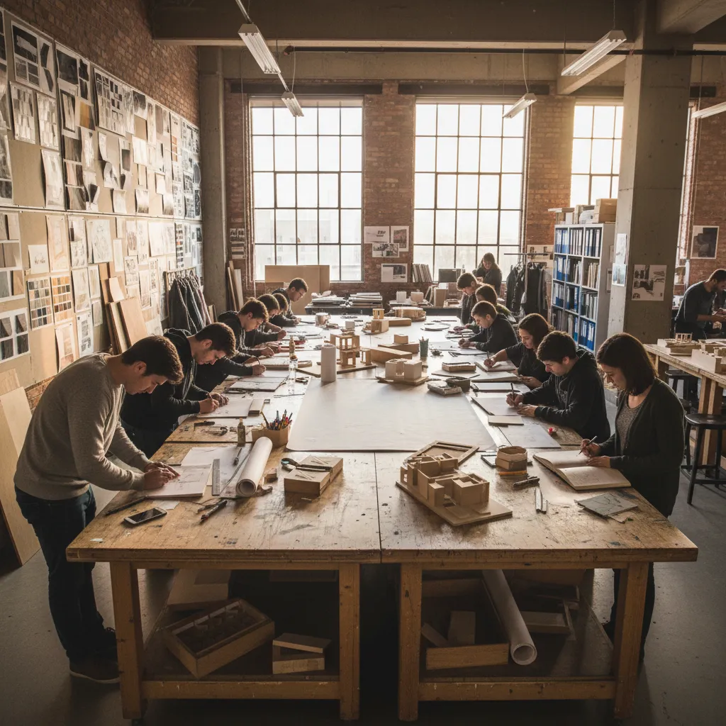 Aula de escuela de diseño de interiores con estudiantes trabajando en maquetas y planos