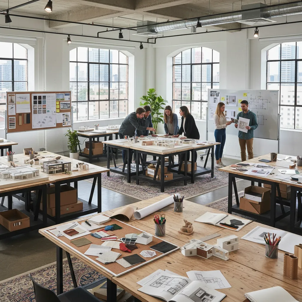 Aula de escuela de diseño de interiores con estudiantes revisando maquetas