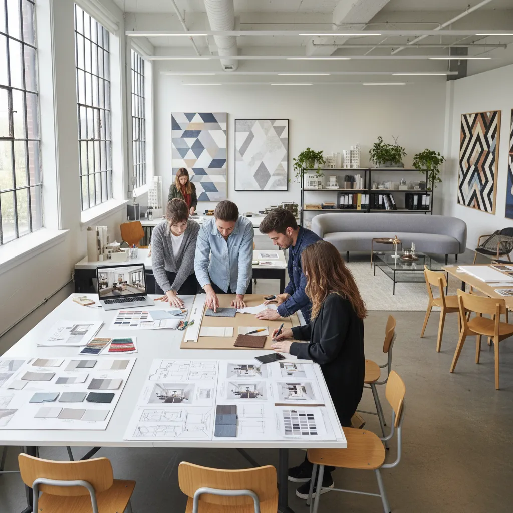 Aula de escuela de diseño de interiores con estudiantes trabajando en proyectos