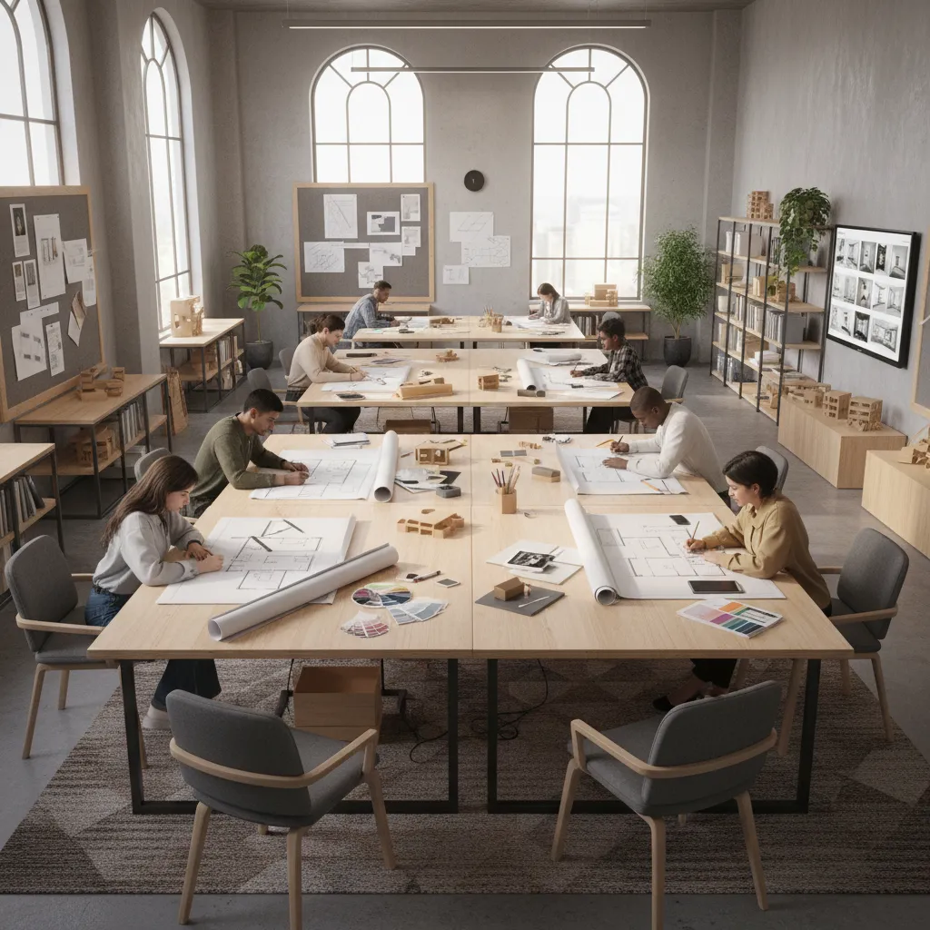 Aula de escuela de diseño con mesas de trabajo y planos de interiorismo