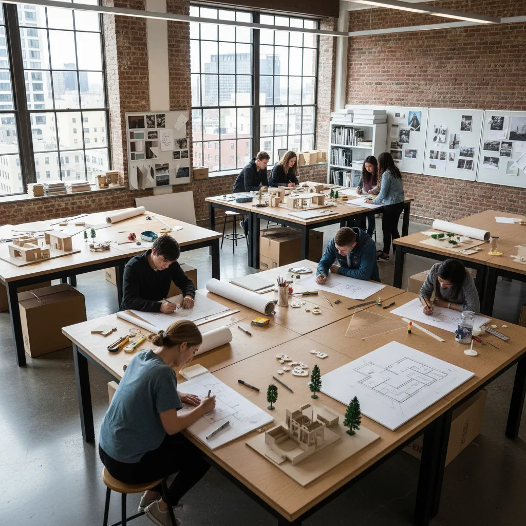 People making small house models and floor plan drawings in a studio with large windows