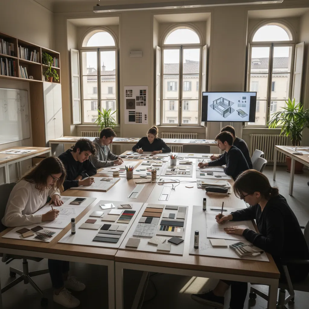 Aula de escuela de diseño de interiores en Italia con estudiantes trabajando en proyectos