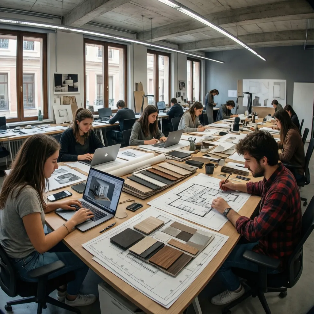 Students in an interior design studio using laptops to create room layout drawings and plans