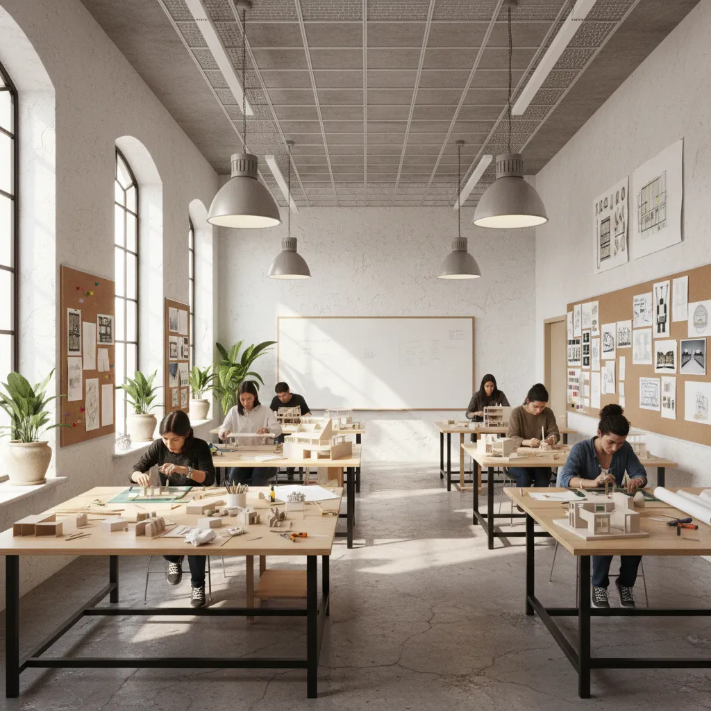 Students at wooden desks building interior design models in bright studio with grey ceiling lights