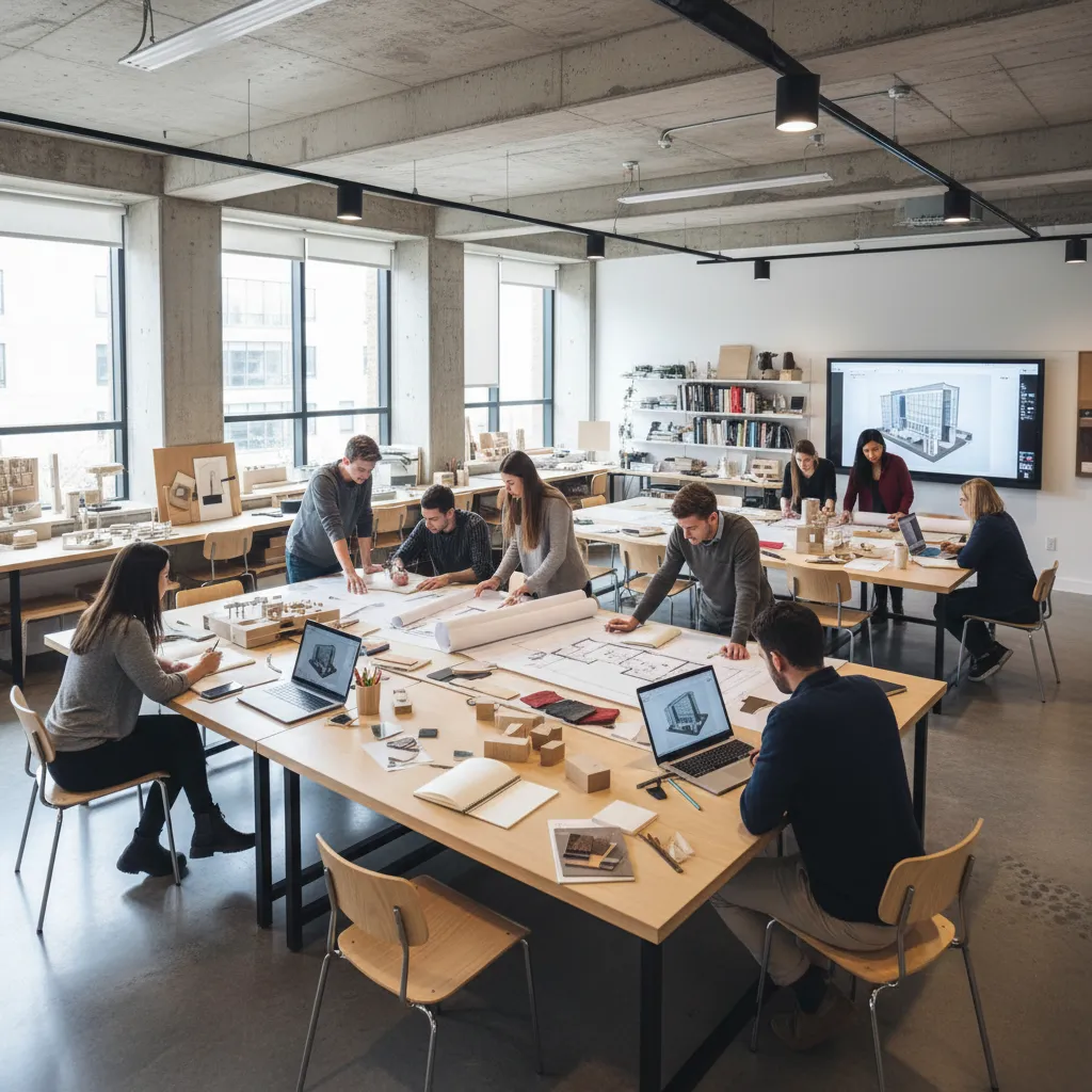 Clase de diseño de interiores con estudiantes trabajando sobre planos y maquetas