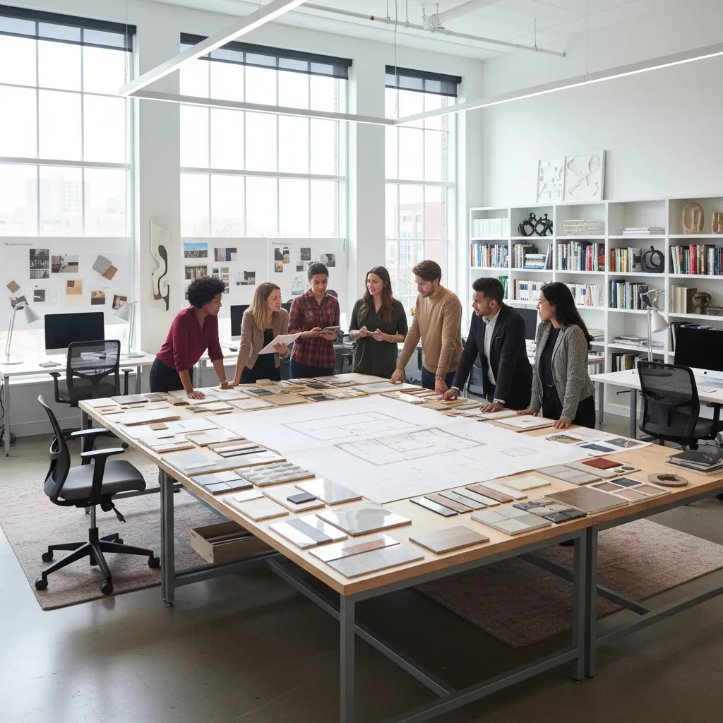 Aula de diseño de interiores con estudiantes revisando planos y muestras de materiales