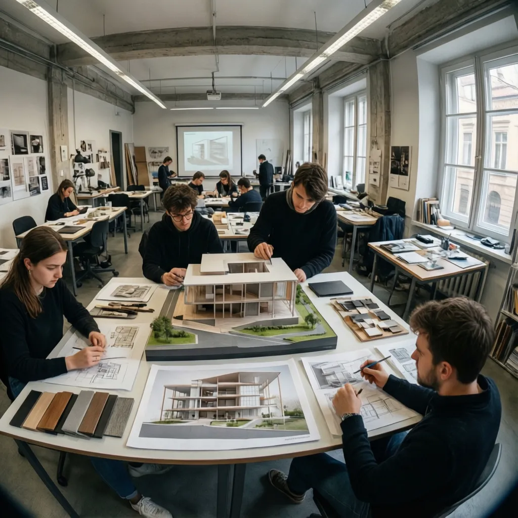 Students working on building models and interior design drawings in a bright studio with windows