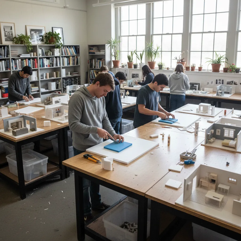 Students building small room models by hand on wooden tables in a bright design workshop