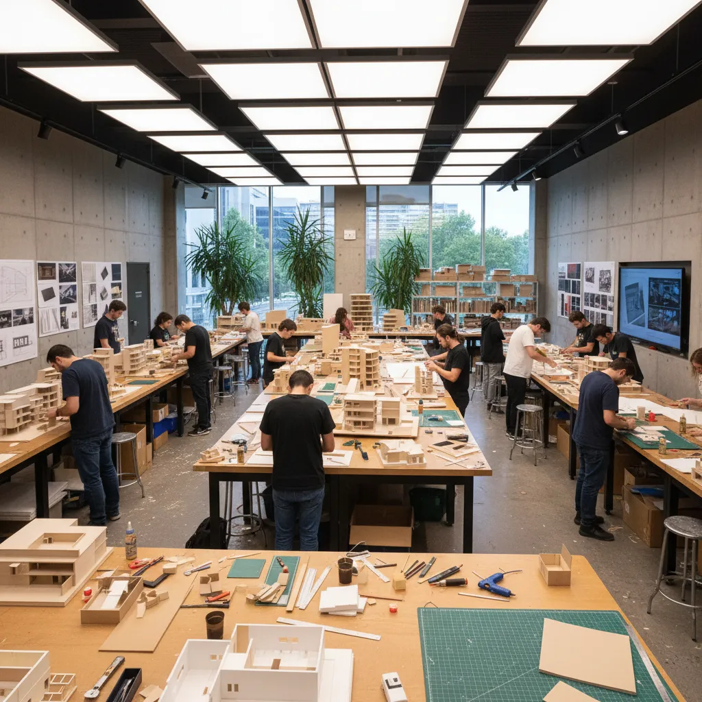 Taller de estudiantes desarrollando maquetas de diseño de interiores