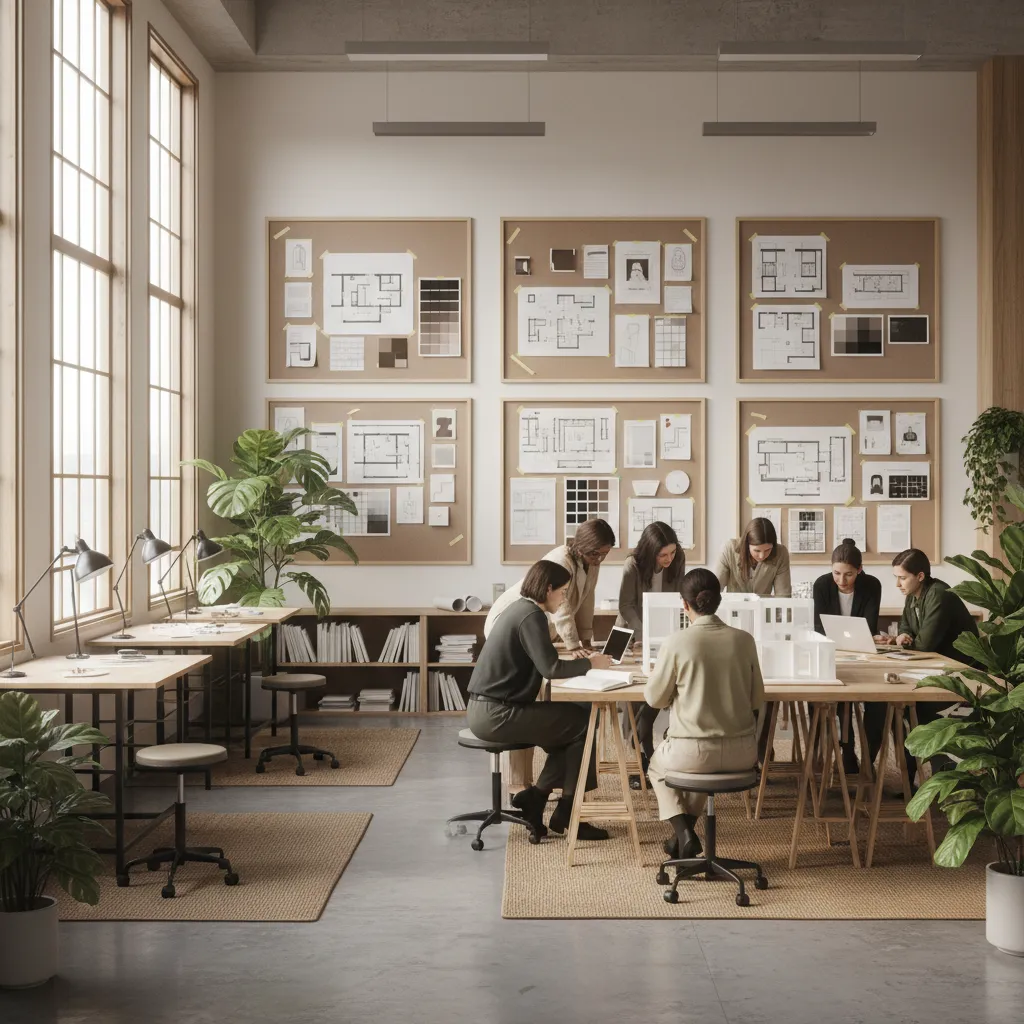 Interior design students working around a large table with floor plan drawings in bright studio