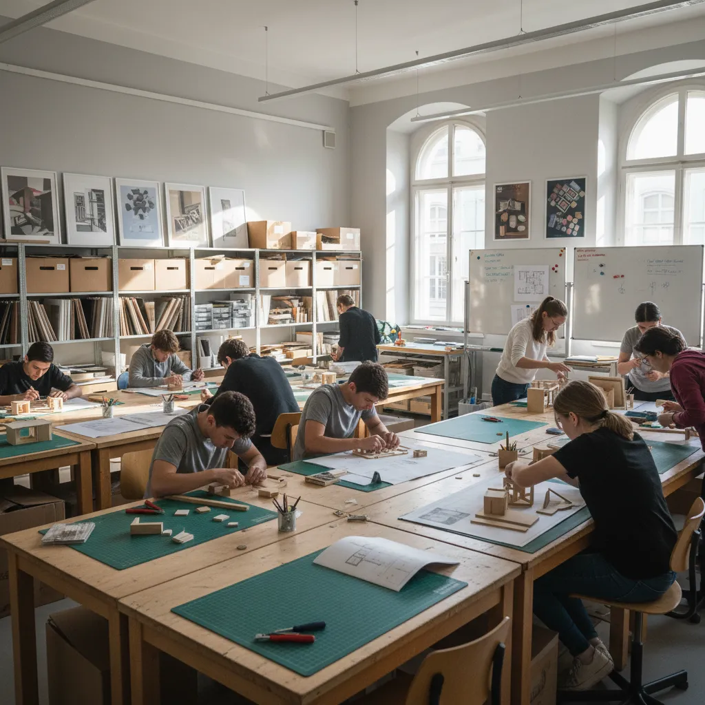 Taller de estudiantes trabajando en maquetas y planos de interiorismo