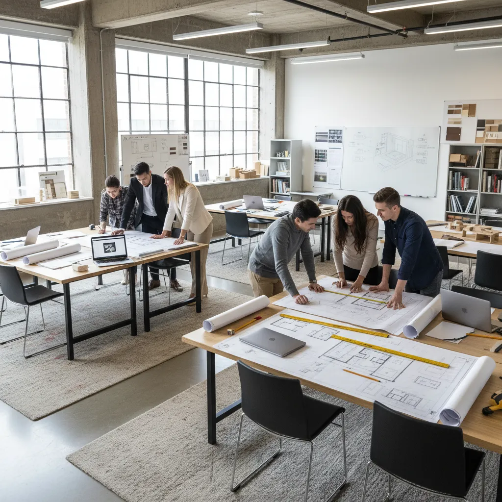 Aula de escuela de diseño con estudiantes revisando planos de interiorismo