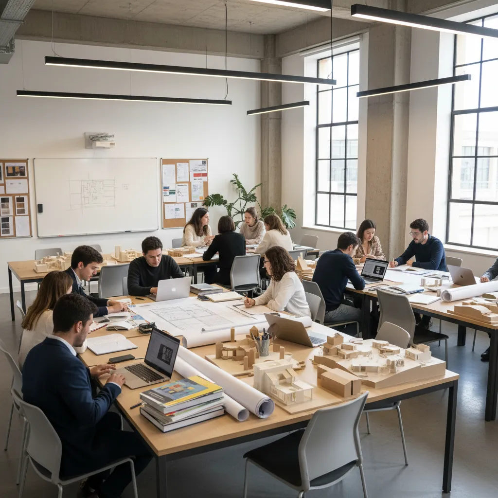 Aula de escuela de diseño de interiores con estudiantes trabajando en planos