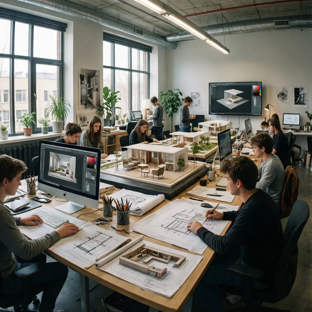 Students in a studio working on computers and building house models on large wooden tables