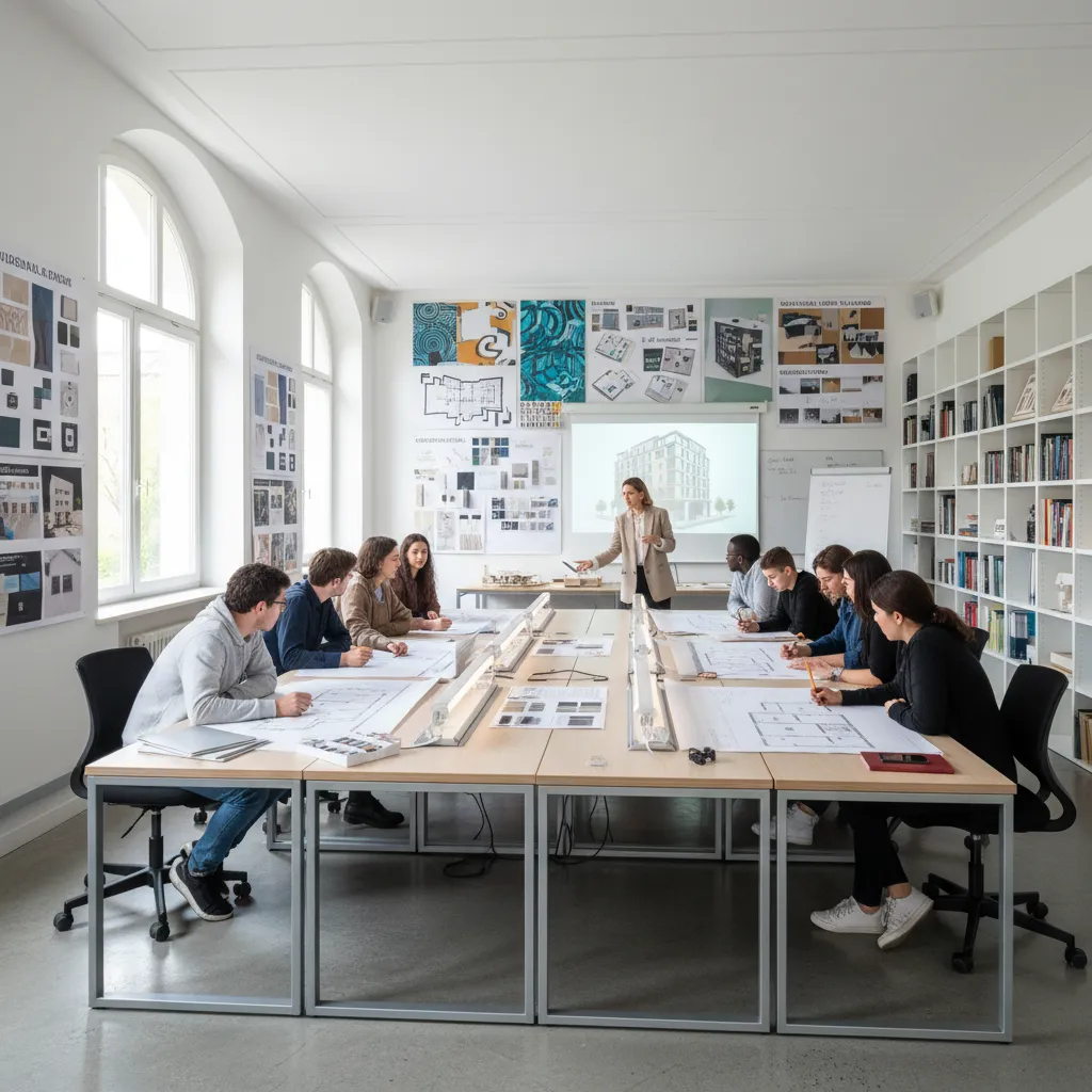 Aula de escuela de interiorismo con estudiantes revisando planos