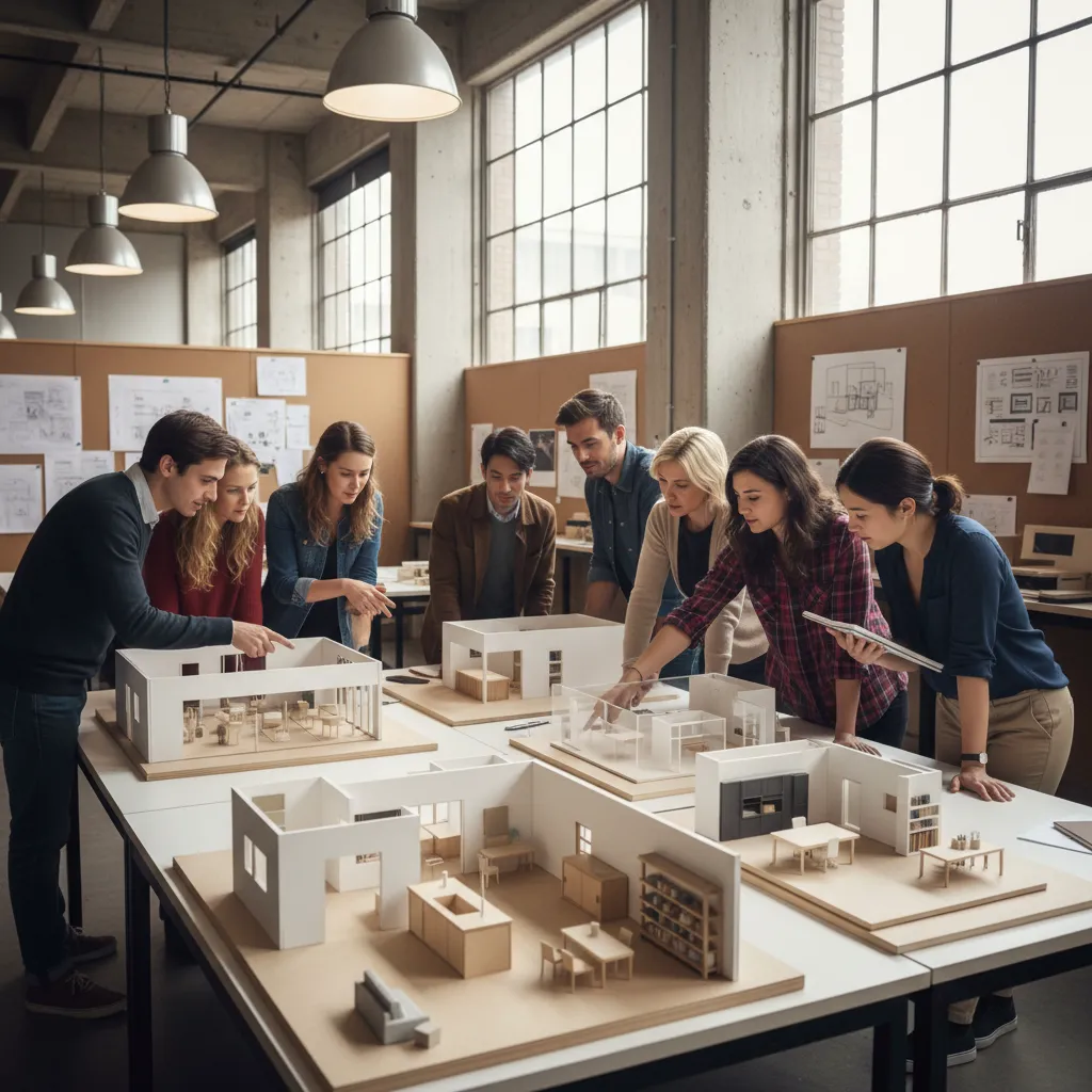 Design students discussing white room layout models and furniture in a bright interior design studio