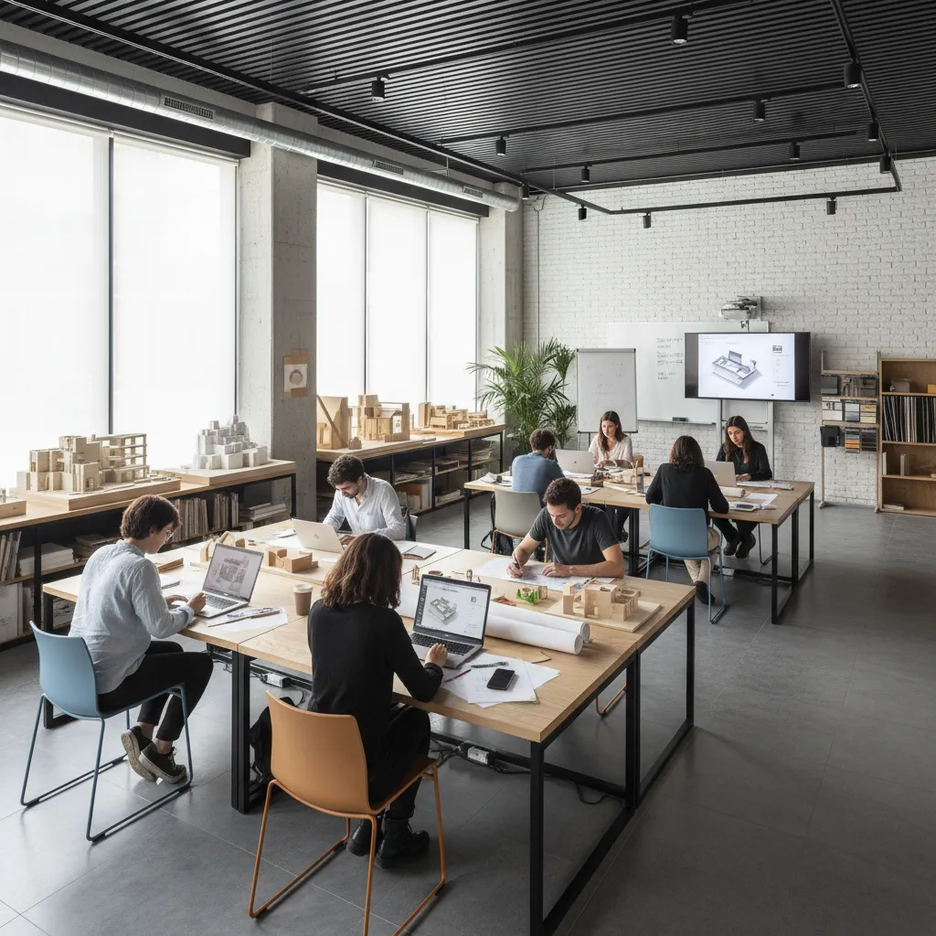 Students working on interior design drawings and house models in a bright industrial style studio