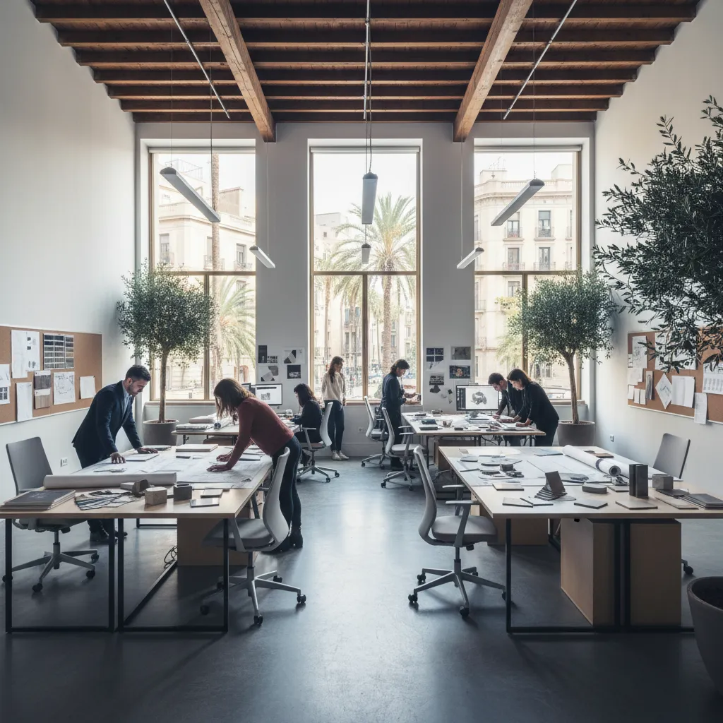 Professional interior design studio with people working on drawings under high wood beam ceiling windows