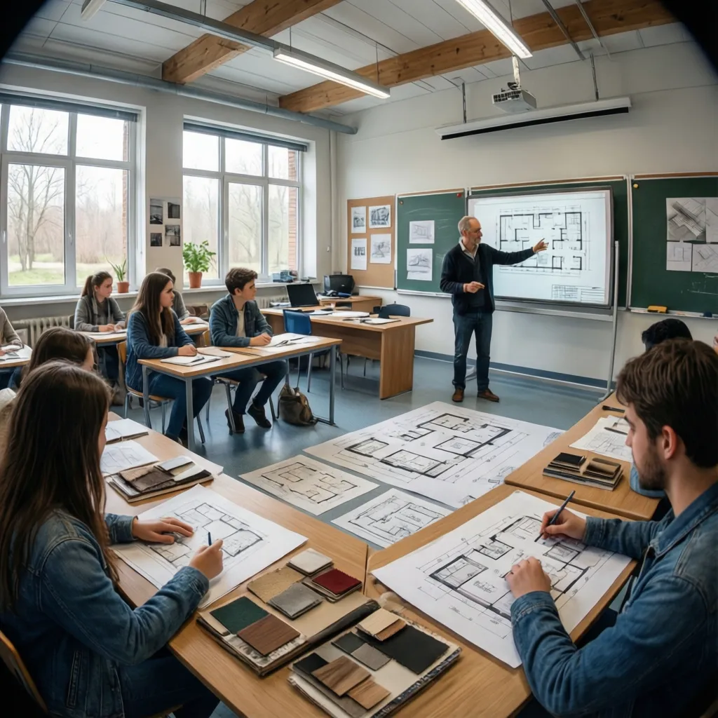 Aula de escuela de diseño de interiores con estudiantes trabajando en planos