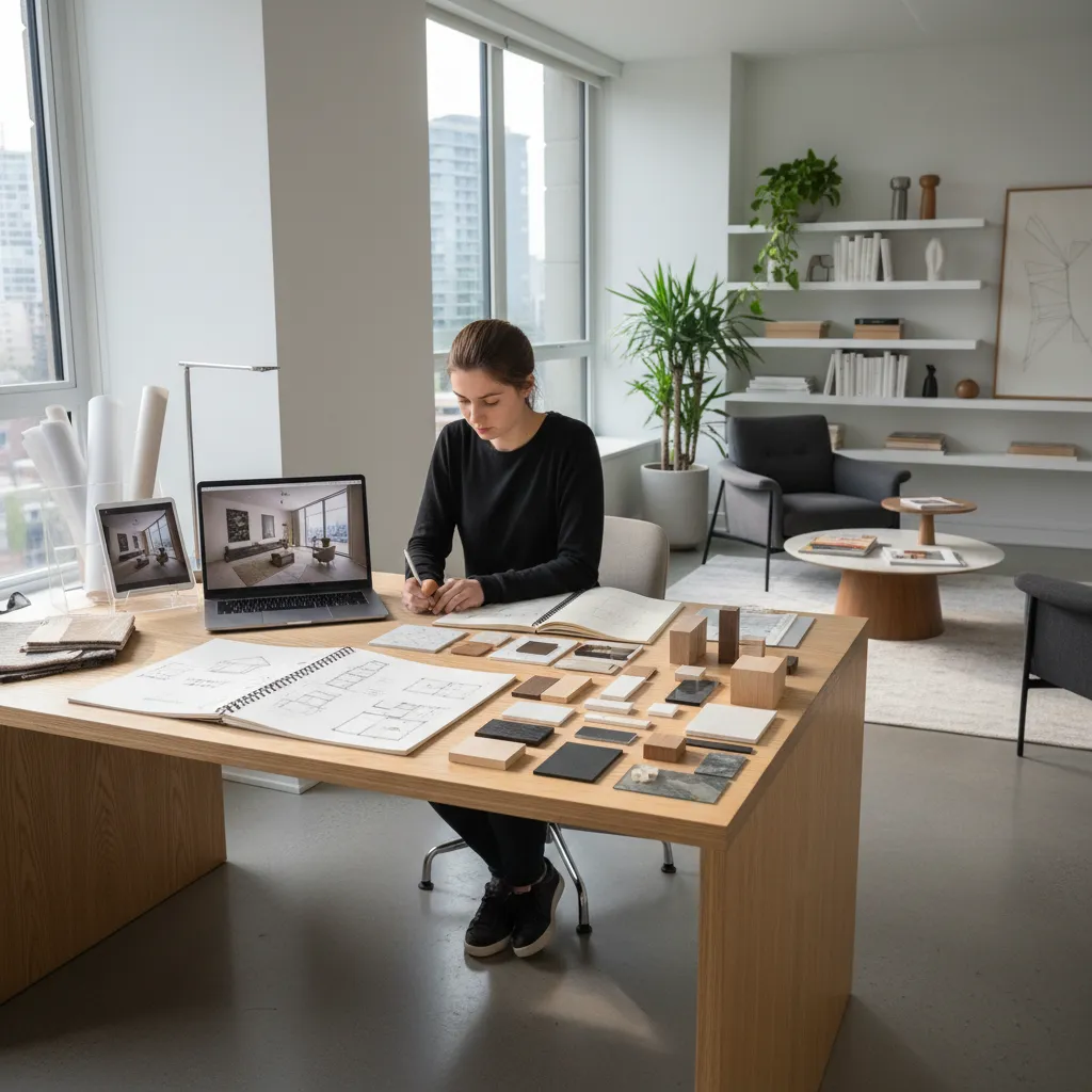 Woman at desk with material samples and laptop showing an interior design drawing and sketches