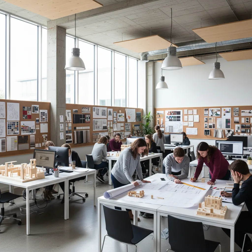 Students working in a bright interior design studio with computers and large floor plan drawings