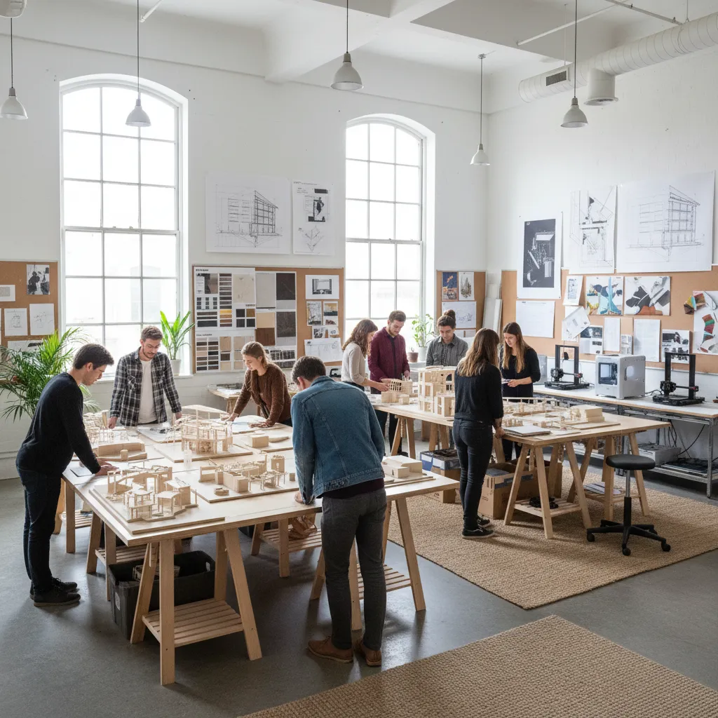 aula de escuela de diseño con estudiantes revisando planos y maquetas