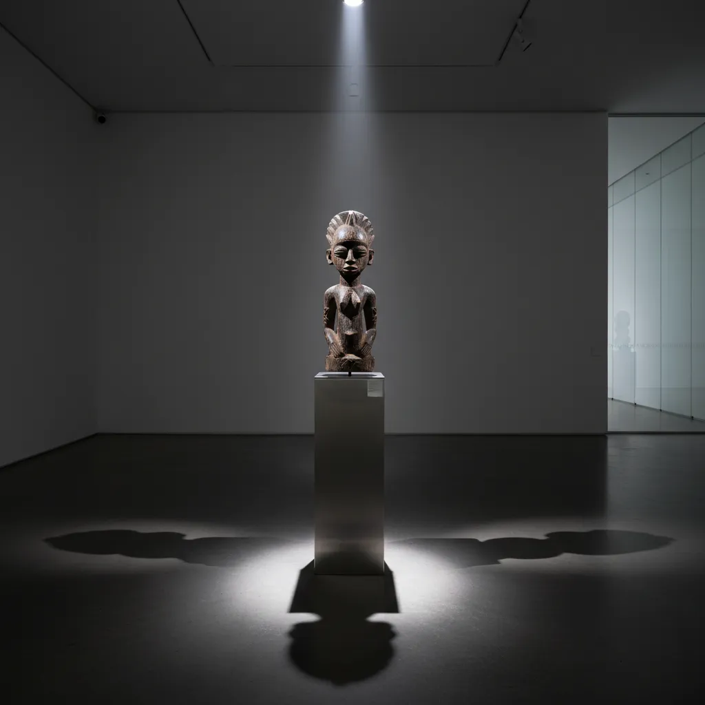 Escultura africana sobre pedestal con iluminación dirigida