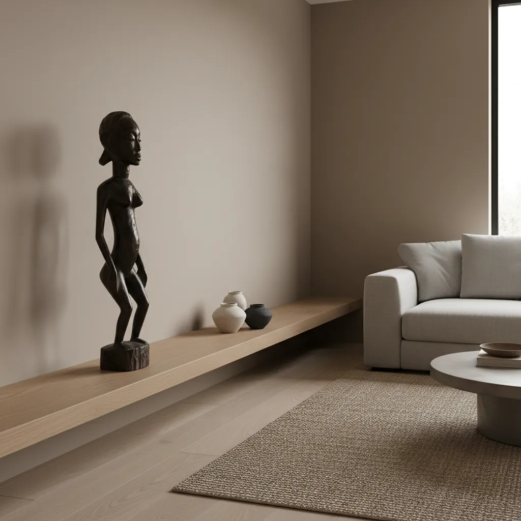 Escultura africana de madera colocada en una estantería de salón moderno