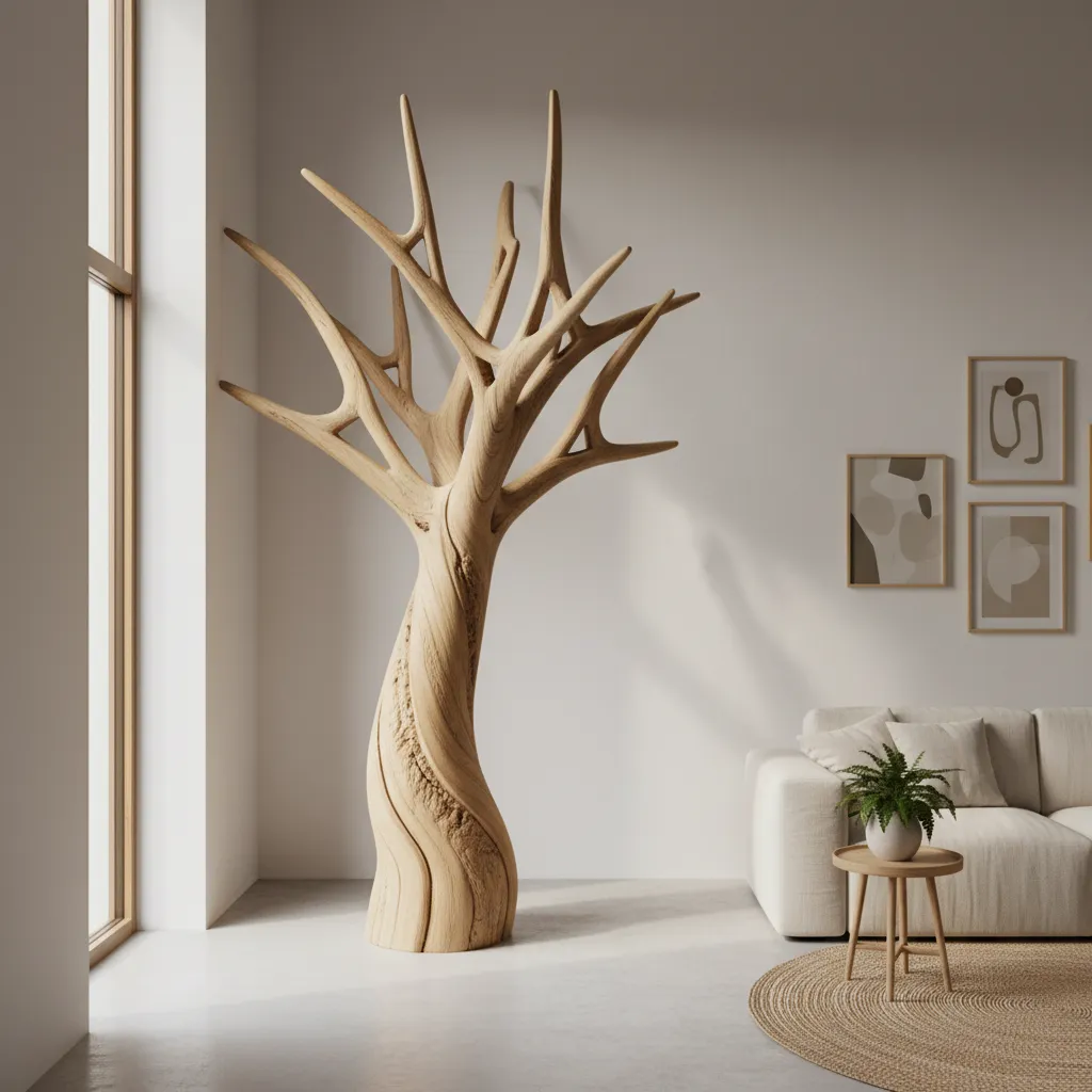 Escultura de árbol de madera decorando una esquina del salón
