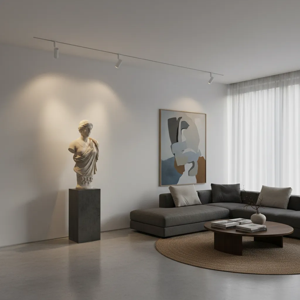 Escultura clásica iluminada con luz puntual en un salón