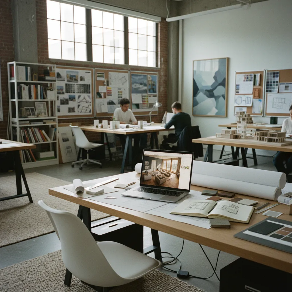 Interior design studio office with designers working at desks using laptops and paper floor plans