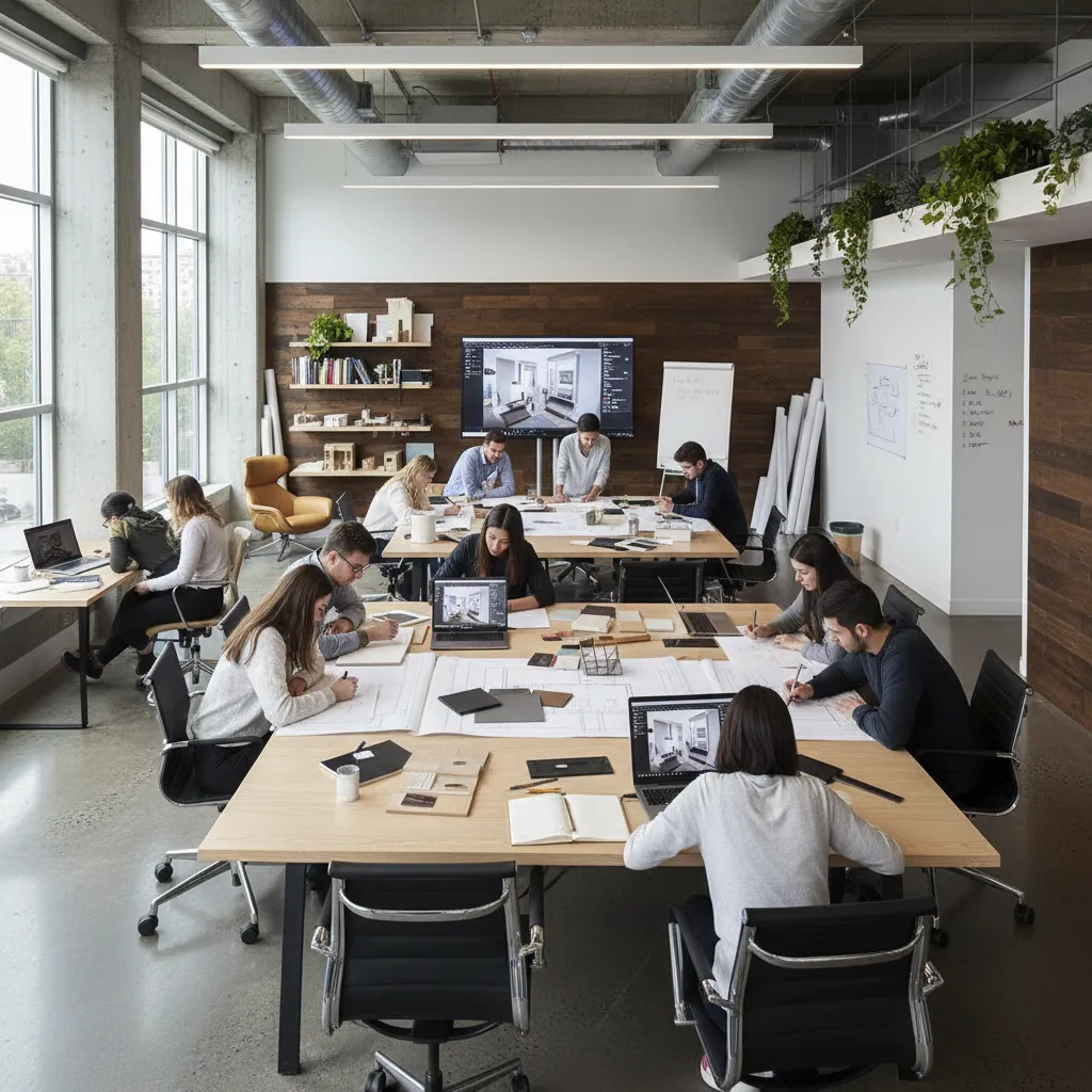 Modern interior design office with people working on laptops and drawings at large shared tables
