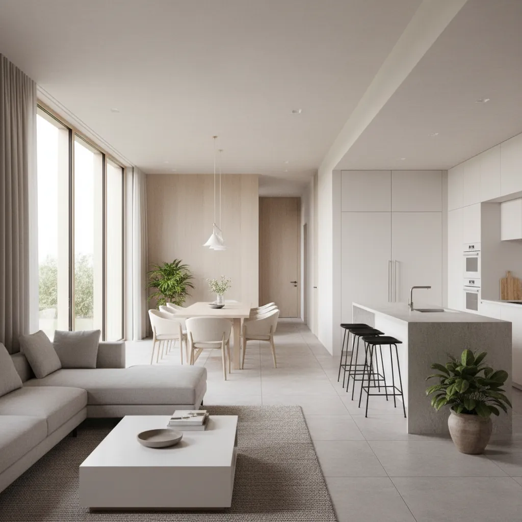 Espacio abierto que conecta sala comedor y cocina en casa estrecha