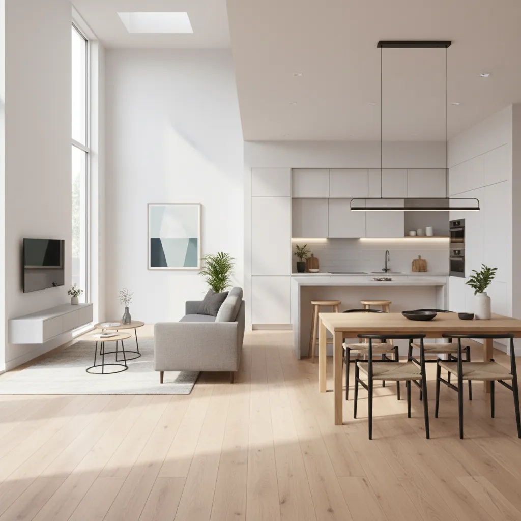 Interior con sala comedor cocina integrados en una casa estrecha