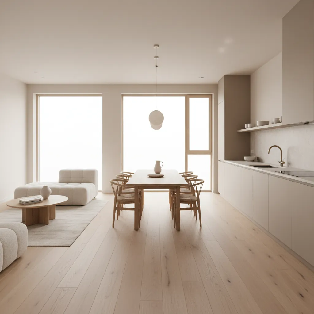 Interior de casa pequeña con sala comedor y cocina integrados