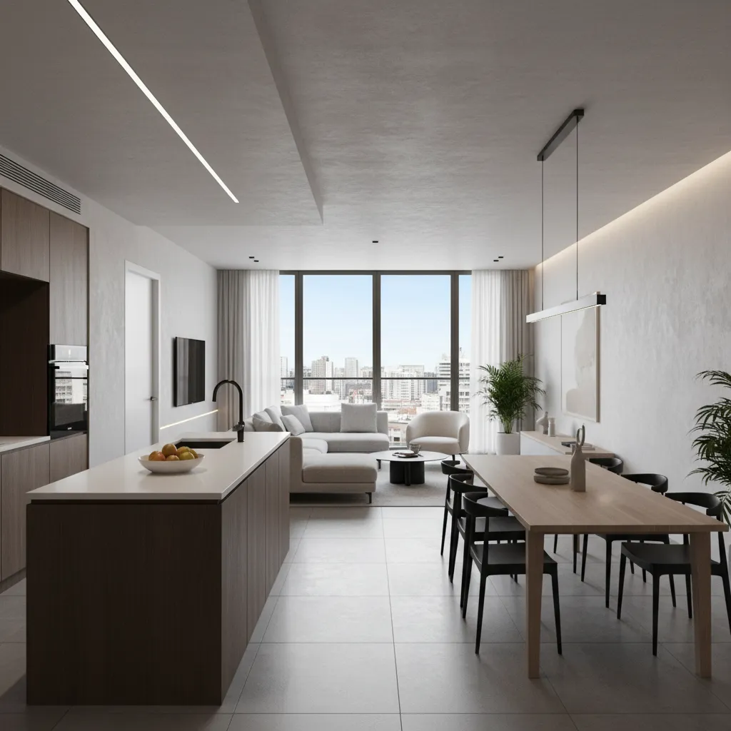 Espacio abierto con cocina, comedor y sala integrados