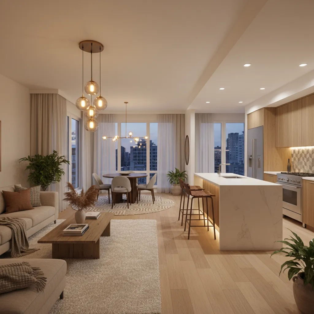 Espacio abierto con cocina y salón integrados en diseño moderno