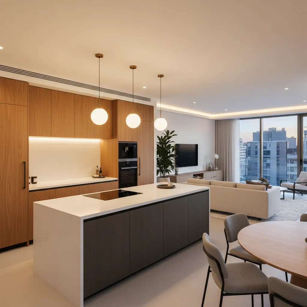 Espacio abierto con salón comedor y cocina integrada en un piso moderno