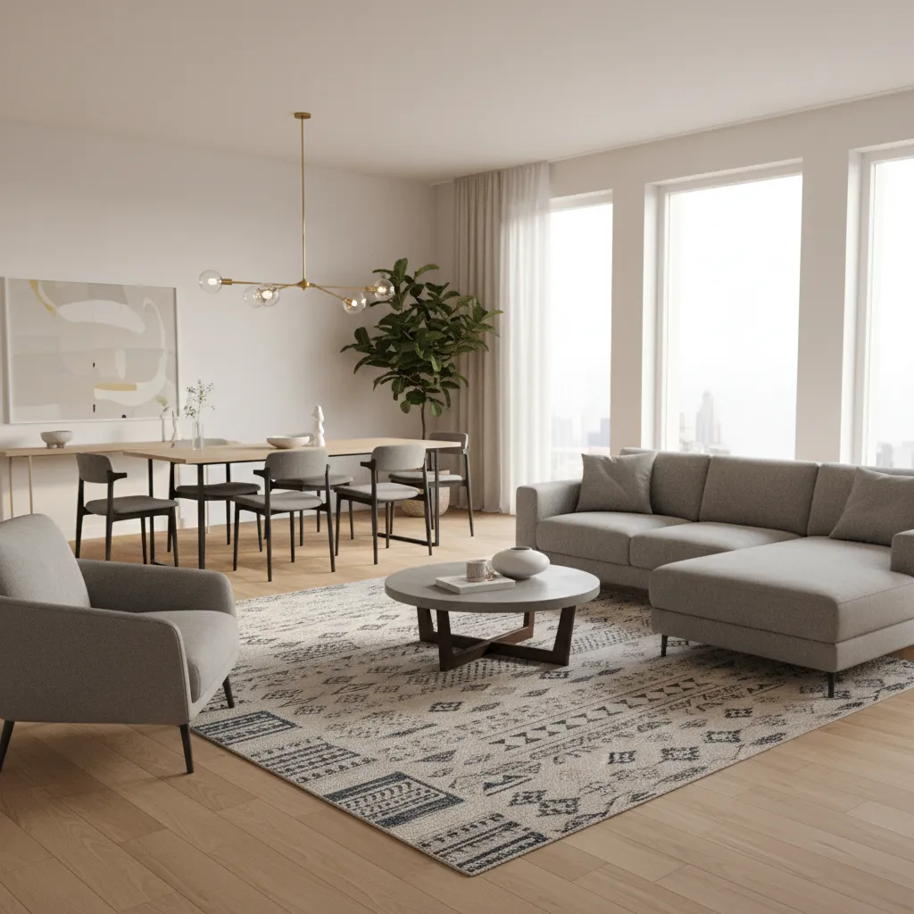 Espacio abierto con salón y comedor diferenciados mediante alfombra y mobiliario