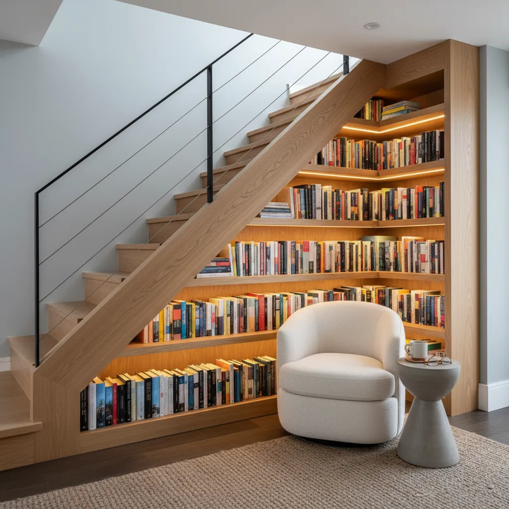 Espacio bajo escalera convertido en biblioteca con estanterías y luz cálida