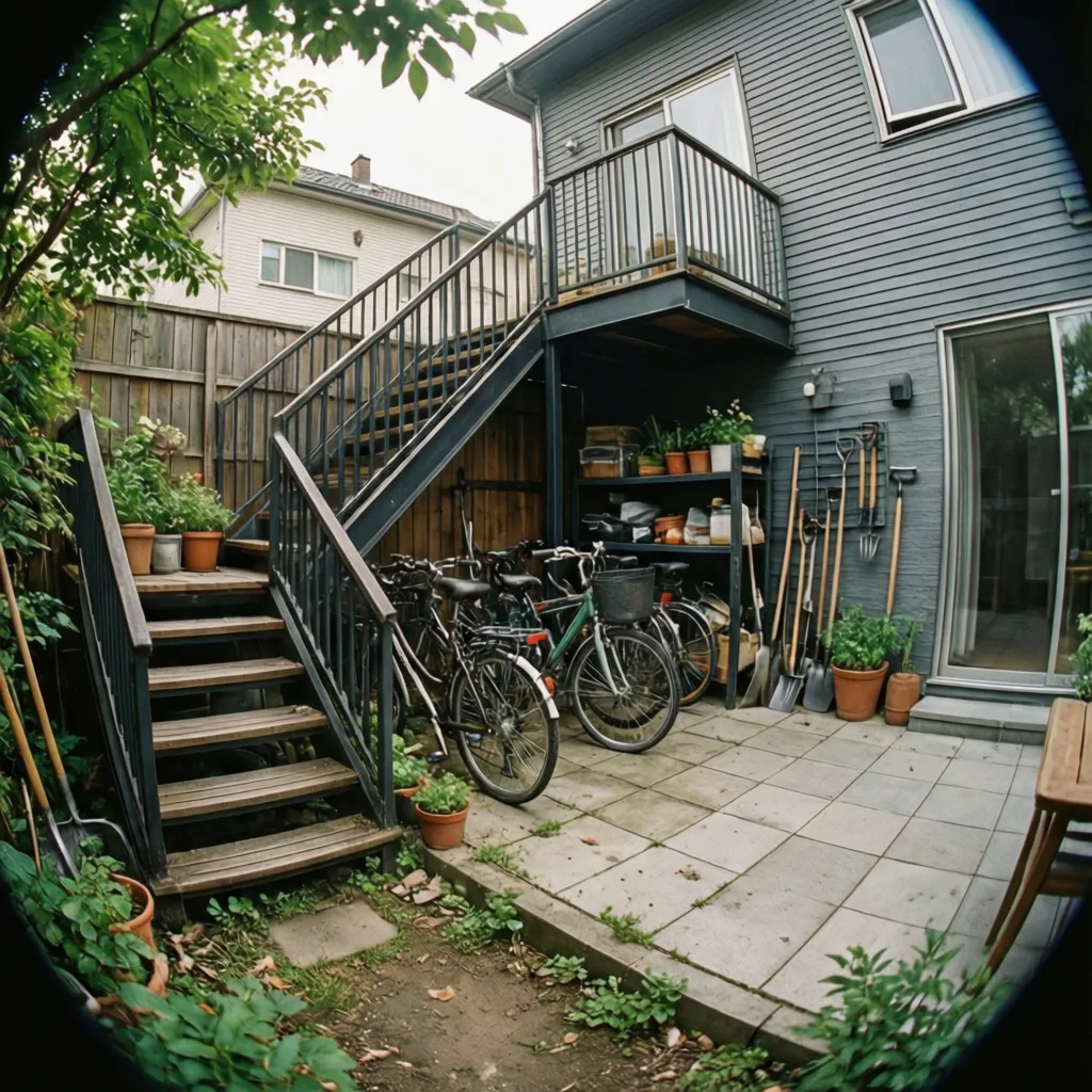 Outdoor storage area under metal stairs with bicycles garden tools and potted plants in backyard