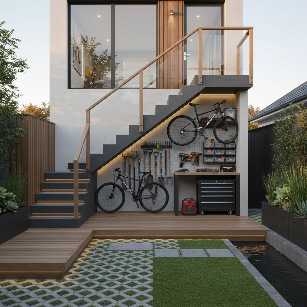 Uso del espacio bajo una escalera exterior para almacenamiento