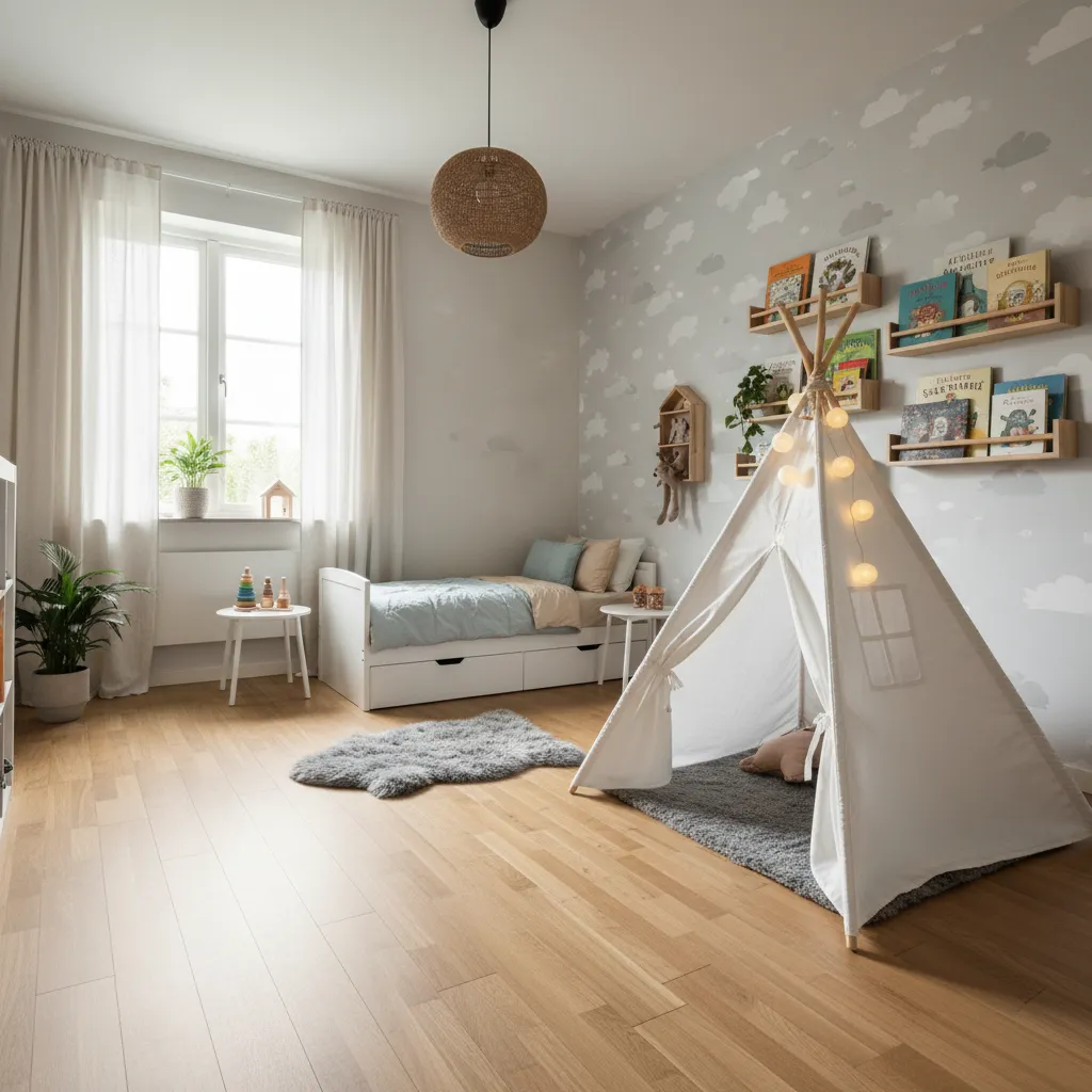 Dormitorio infantil con amplio espacio libre para circulación y juego