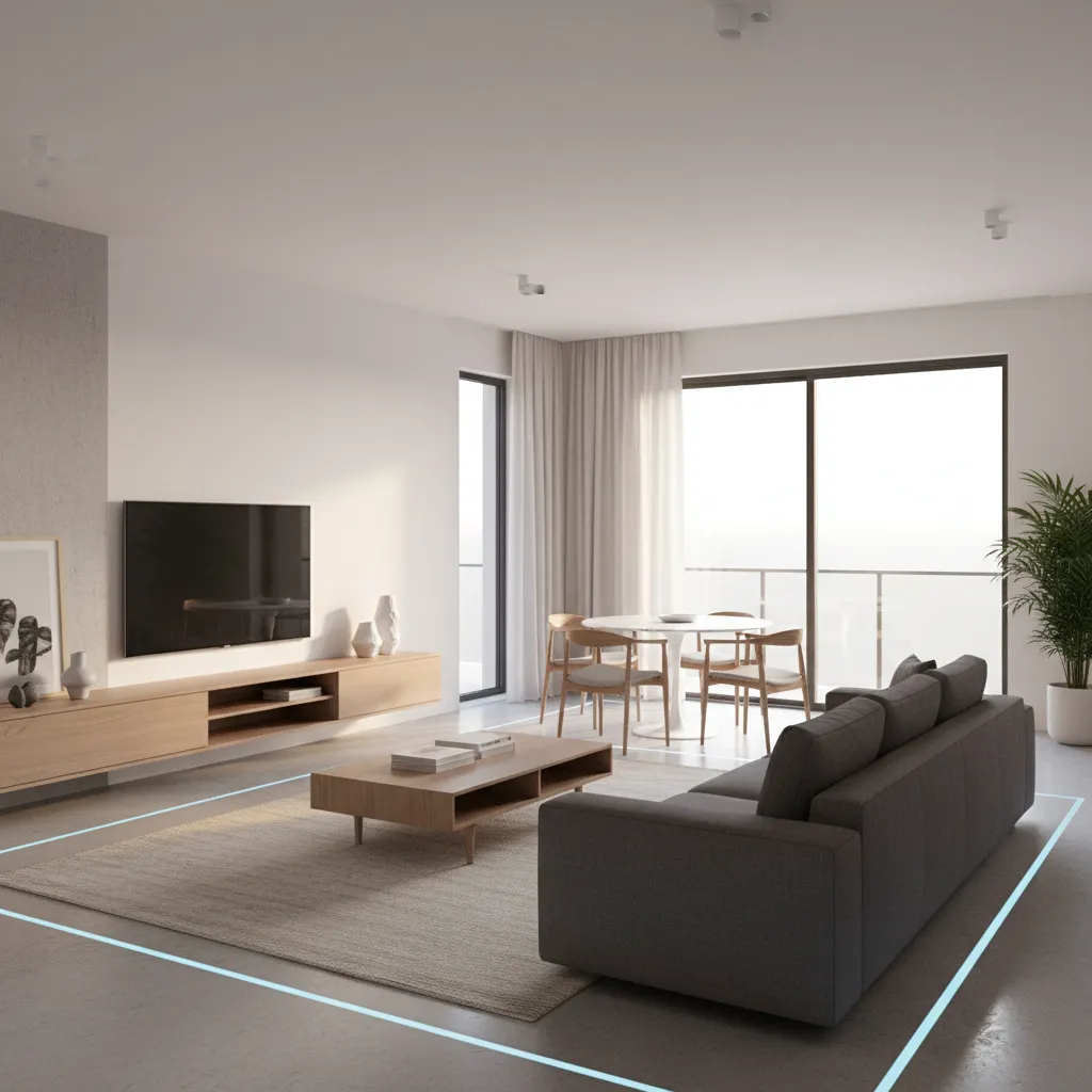 Visualización 3D de un salón mostrando espacios de circulación entre muebles