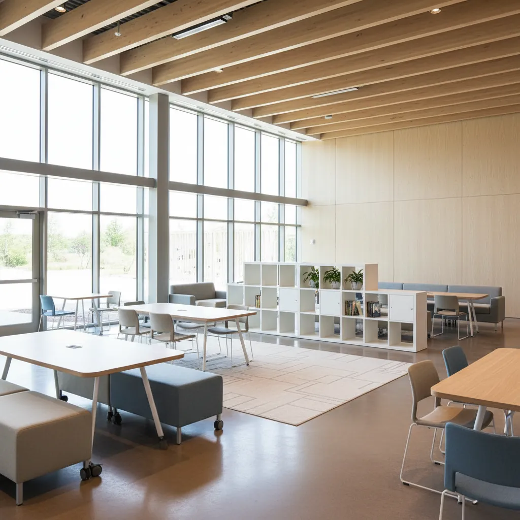 Interior de un centro comunitario con zonas de reunión y mobiliario modular